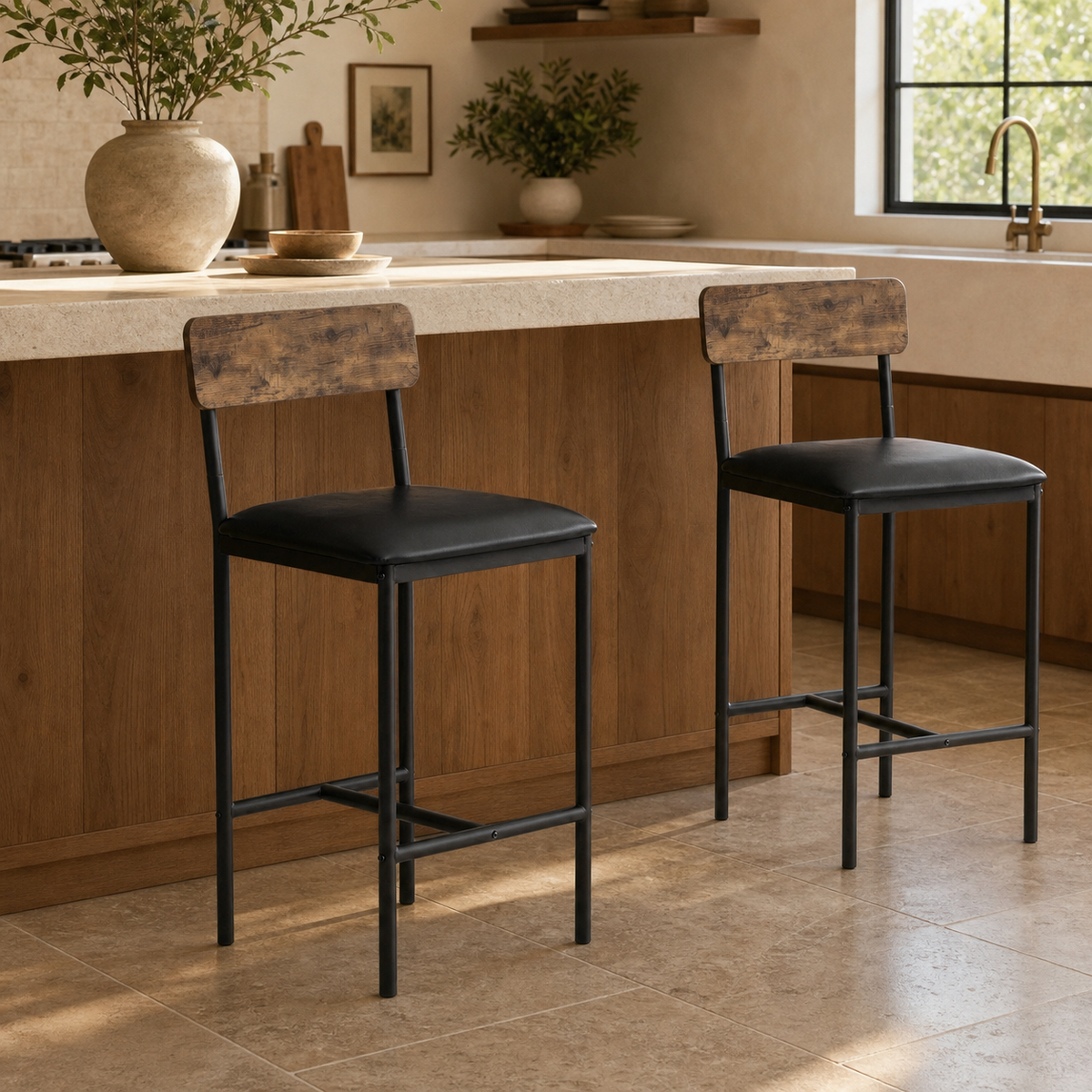 Tabouret de Bar Simili Cuir et Bois - Hudson Noir