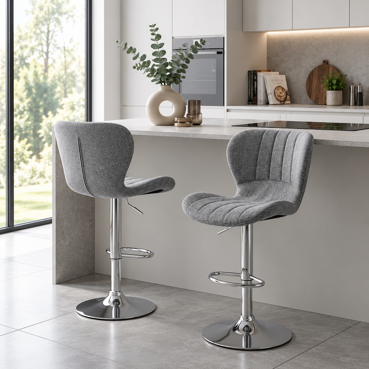 Tabouret de Bar Tissu Gris Pivotant – Elvano