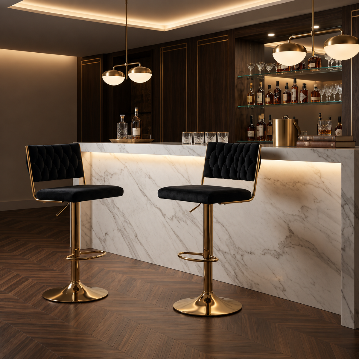 Tabouret de Bar Velours Noir & Doré – Aurelio