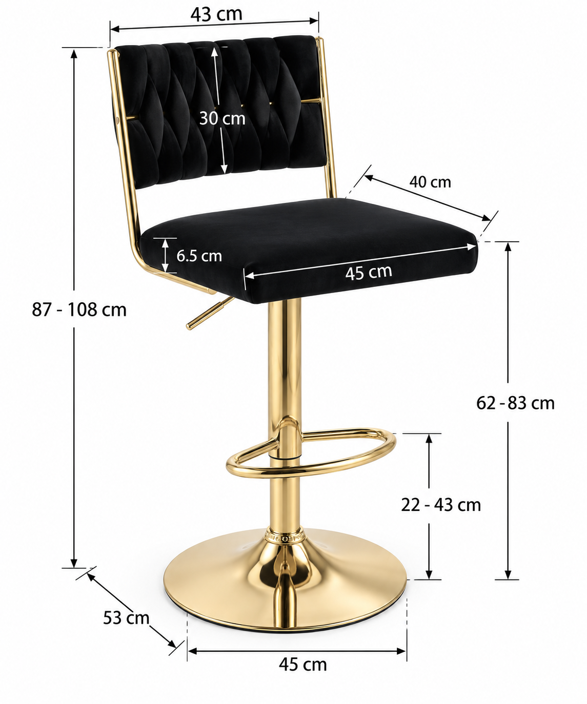 Tabouret de Bar Velours Noir & Doré – Aurelio