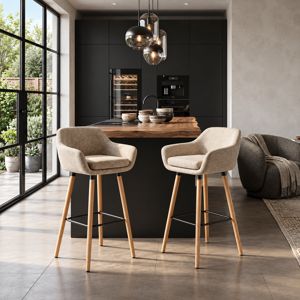 Tabouret de Bar Tissu Beige & Bois – Arvélia