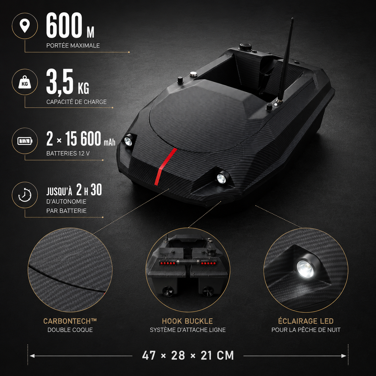 Bateau Amorceur CarbonTech™ – 600 Mètres de Portée