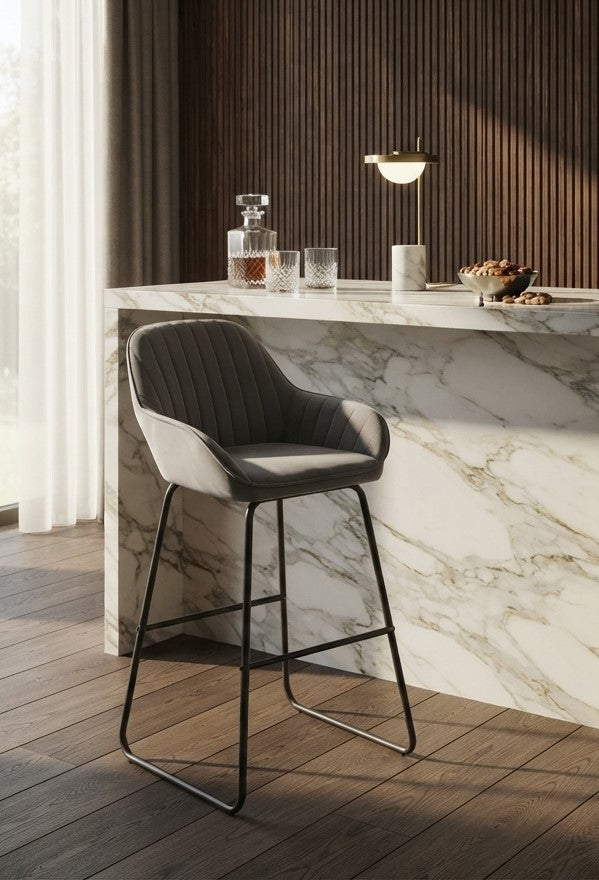 Tabouret de Bar Velours Gris avec Accoudoirs – Arvello