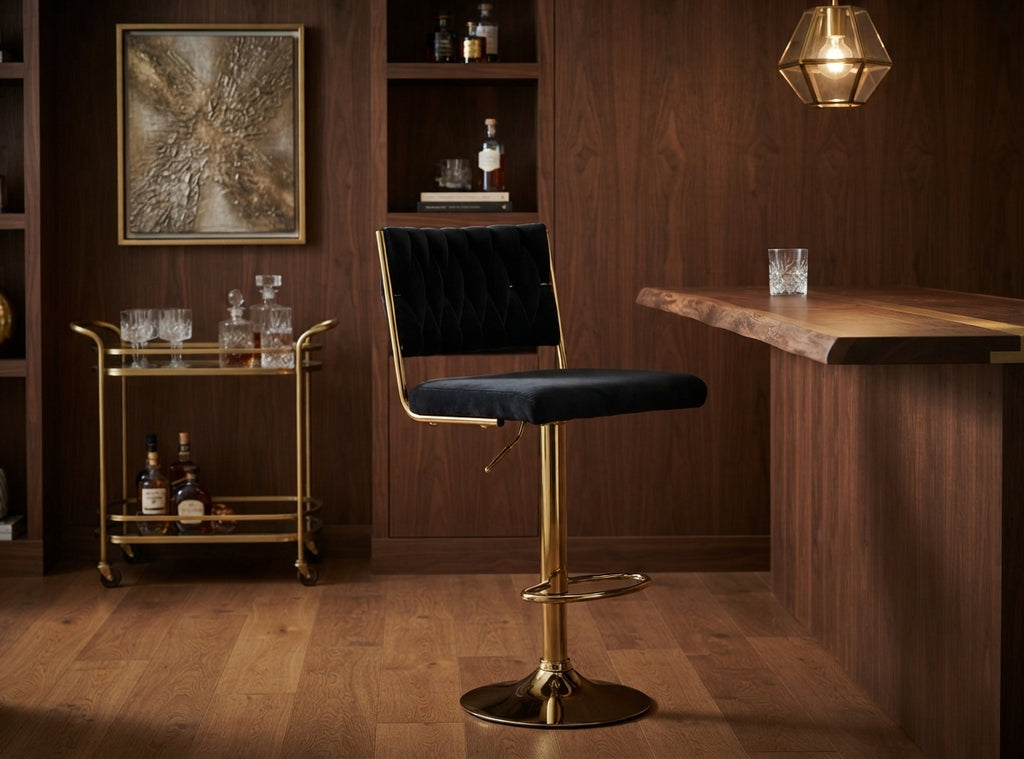 Tabouret de Bar Velours Noir & Doré – Aurelio