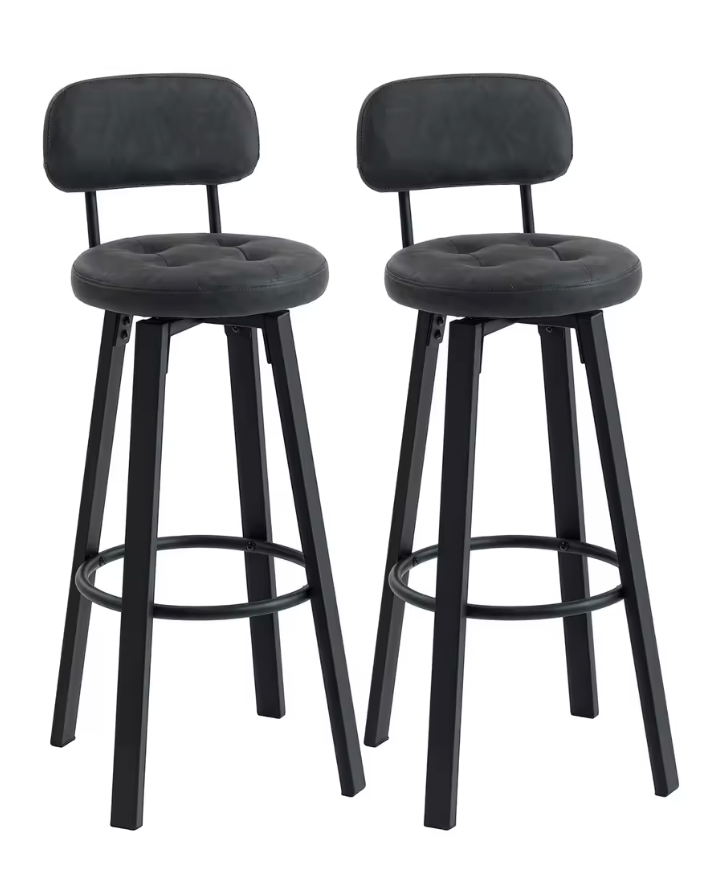 Tabouret de bar Milton gris foncé en simili cuir, avec dossier et pieds noirs